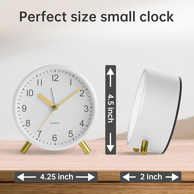 Analog Alarm Clock, 4 inch Super Silent Non Ticking Small Clock with Night Light, Battery Operated, Simple Design, easy setting for Office, Bedroom, Bedside, Desk, teens, elders, kids, adult, White