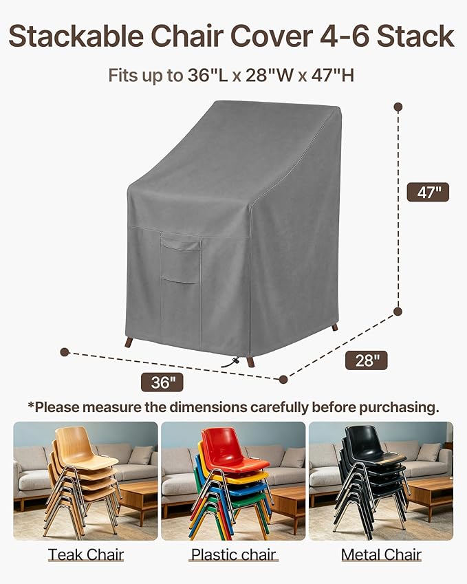 Vailge Stackable Patio Chair Cover,100% Waterproof Outdoor Chair Cover, Heavy Duty Lawn Patio Furniture Covers,Fits for 4-6 Stackable Dining Chairs,36"Lx28"Wx47"H,Grey