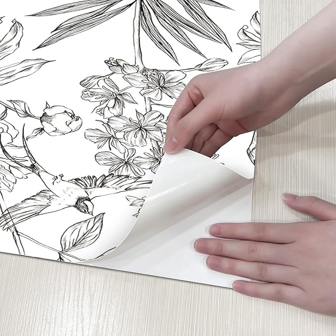 JiffDiff White and Black Wallpaper Peel and Stick Sketched Peony Floral