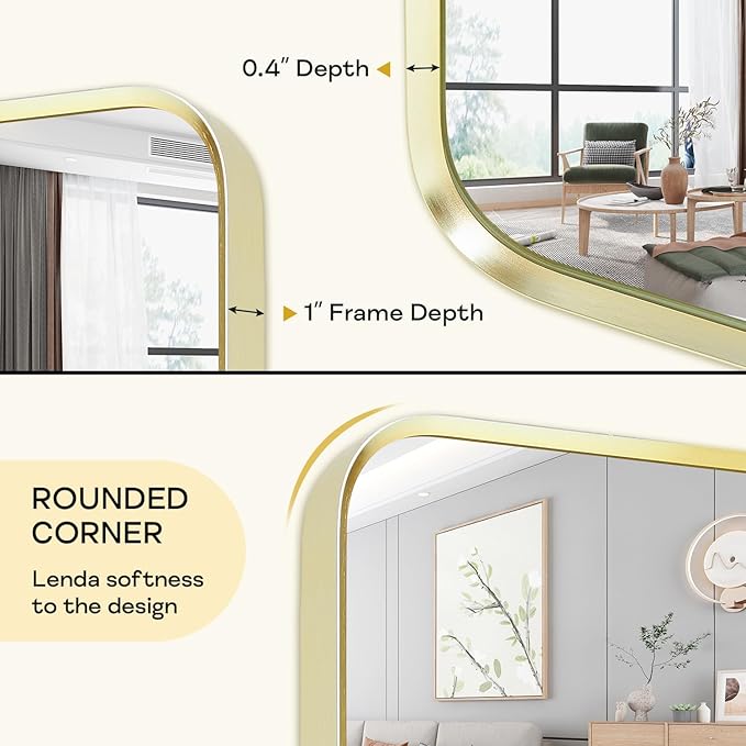 Wall Mount Mirror for Bathroom, Brushed Gold Metal Framed Rounded Corner