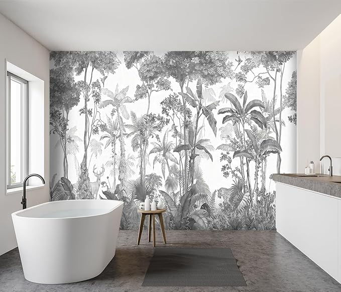 -Grey Jungle Botanical Animal Banana Leaf Fabric Wallpaper Living Room Tropical