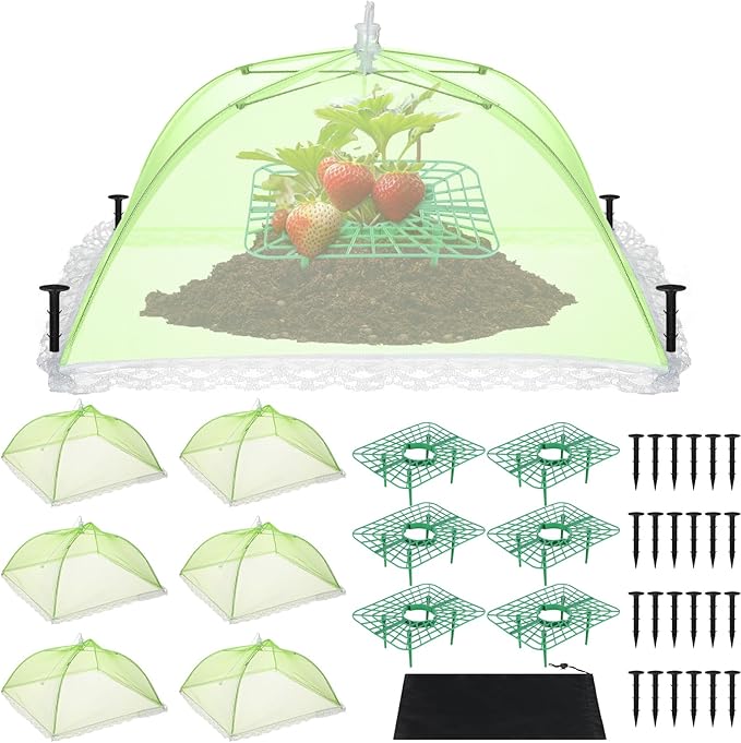 FoldTier 6 Sets Strawberry Supports with Plant Protectors from Animals, Strawberry Growing Racks and Mesh Plant Cover with Plastic Lawn Stakes and Storage Bag for Strawberry Vegetables (Light Green)