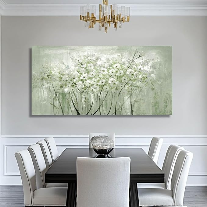 MLART99 Modern Artwork Wall Decor White Flowers Picture Art 24"x48" Plant Wall