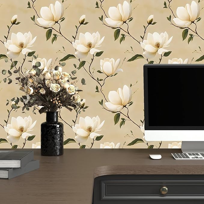 Vintage Floral Peel and Stick Wallpaper Khaki White Flowers Contact Paper