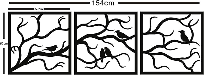 DEKADRON Metal Wall Art, Birds on Branch 3 Pieces, Metal Tree Wall Art, Tree Sign, Metal Wall Decor, Interior and Outdoor Decoration, 3 Panels Wall Hangings (60" W x 20" H / 154x50cm)