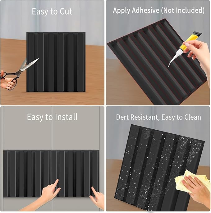20 Pack 3D PVC Fluted Slat Wall Panels 12x12 Inch Covers 20 Sq.Ft Black