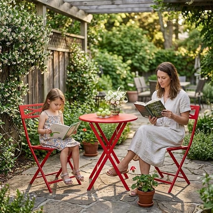 GarveeLife 3 Piece Patio Bistro Set, New Iron Outdoor Furniture Set, Metal Table and Chairs Set for Balcony, Garden or Porch, Red