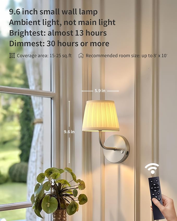 PUSU LED Cordless Nickel H9.6 inch Small Wall Sconces Set of 2, Rechargeable