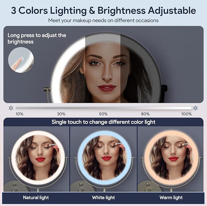 Rocollos 9" Wall Mounted Lighted Makeup Mirror, Large Double Sided 1X/10X