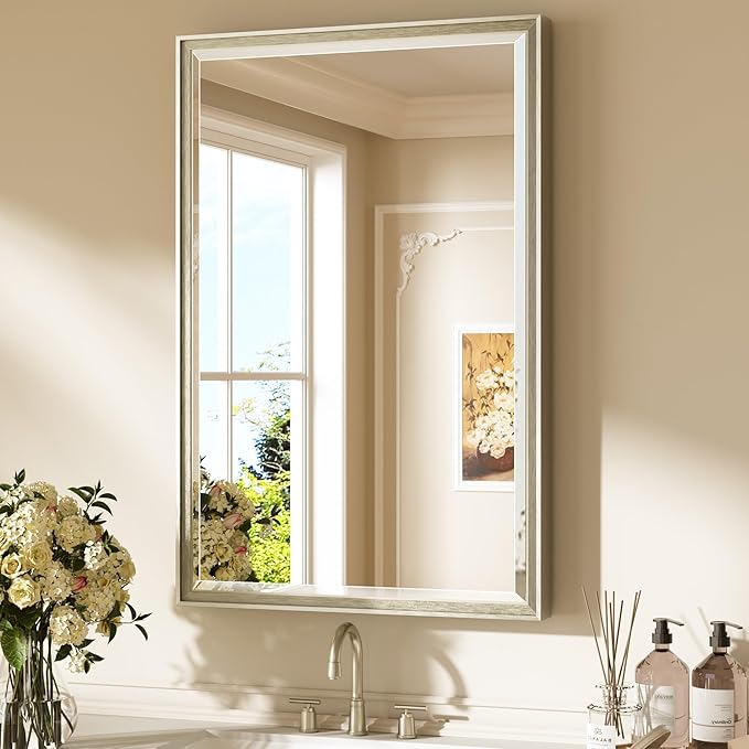 Keonjinn Brushed Nickel Bathroom Mirror 24" x 36", Sculpted Wide Frame