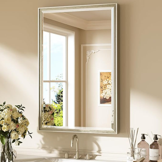 Keonjinn Brushed Nickel Bathroom Mirror 24" x 36", Sculpted Wide Frame