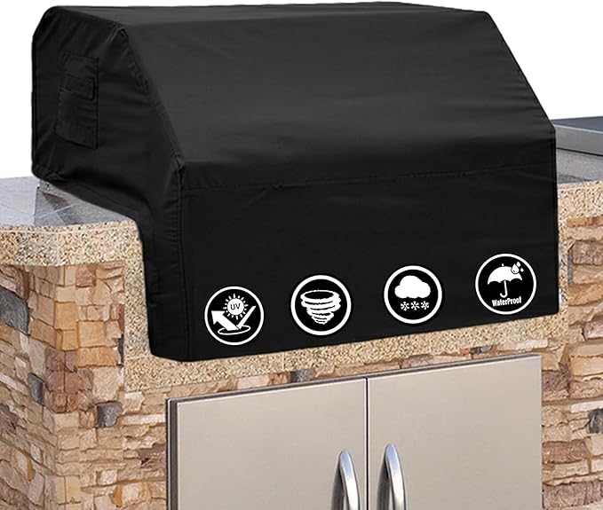 Covers & All Built-in Grill Cover for Outdoor Grill – Heavy Duty 12 oz Waterproof Built-in BBQ Grill Cover, PVC-Coated Polyester with Elastic Hem for Snug Fit (38 x 28 x 24 inches, Black)