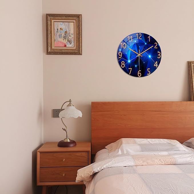 Blue Wall Clock Battery Operated 16 Inch Analog Glass Wall Clock Non Ticking