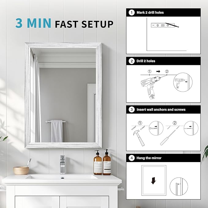 White Grey Wood Effect Framed Wall Mirror, 22x30 Rectangle Mirror,