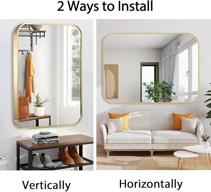 40x30 Inch Gold Bathroom Mirror, Brushed Gold Metal Framed Rectangular Mirror