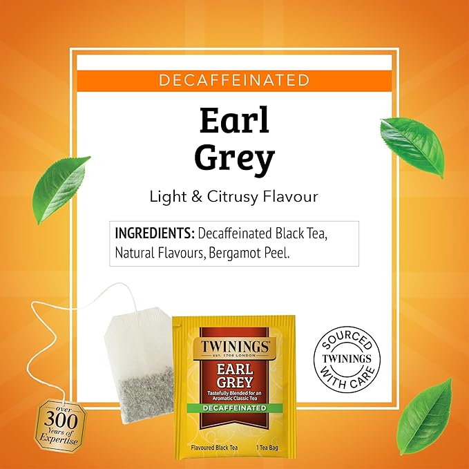 Twinings Decaffeinated Earl Grey Black Tea Individually Wrapped Bags, 20 Count (Pack of 6), Flavoured with Citrus and Bergamot, Enjoy Hot or Iced, 120 Teabags