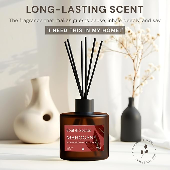 Soul & Scents Reed Diffuser Set – Mahogany | 7.43 oz Refillable Scented Oil with 6 Fiber Sticks | Long-Lasting Home Fragrance & Air Freshener for Bedroom, Bathroom, Office | Gift & Décor Piece