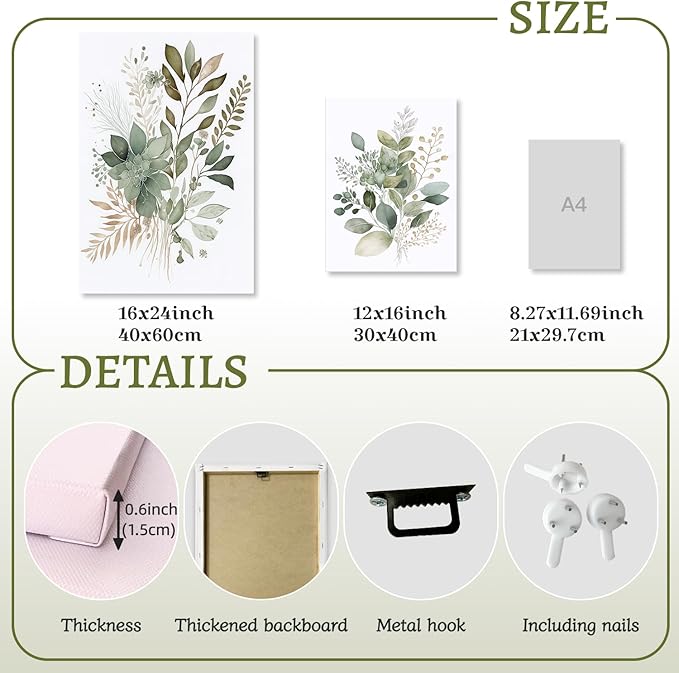 LLEEMPI Framed Sage Green Wall Art Set of 3, Modern Watercolor Botanical Wall