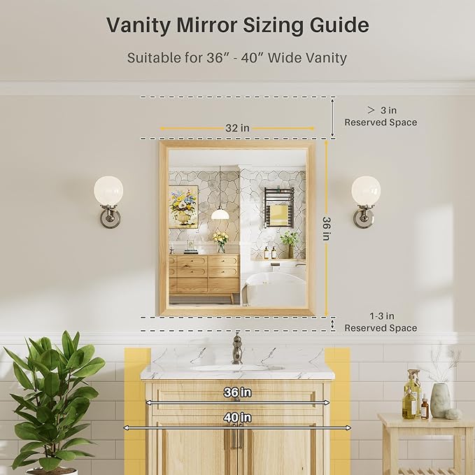36x32 Inch Bathroom Mirror for Wall, Anti-Rust Oak Wood Grain Metal Framed