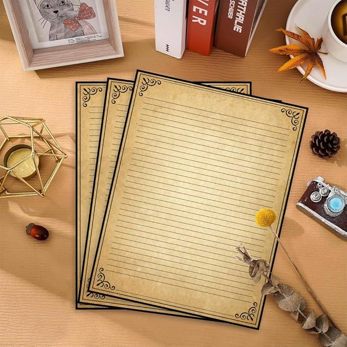Vintage Lined Paper with Antique Border Design, 200 Sheets, Stationary Paper for Writing Letters, 100gsm, 11 x 8.5'', Aged Stationery for Writing Letters, Invitations, Stationery Writing Papers