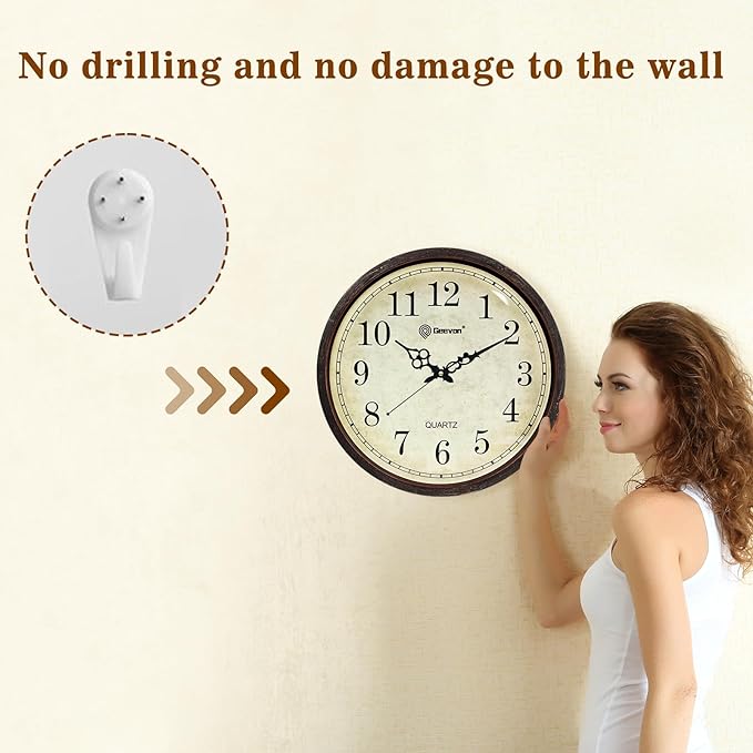Geevon Vintage Brown Wall Clock, Silent 16" Non Ticking Wall Clock Battery