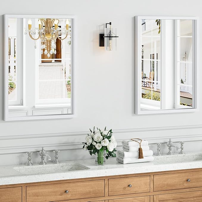Syndra White Wood Frame Bathroom Mirror, Waterproof Slim Deep Frame,