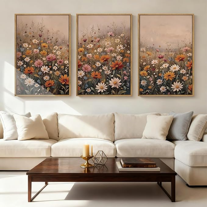 IARTTOP Extra Large Wildflower Framed Wall Art 24x36 Inch Set of 3 Vintage Botanical Art Prints Calming Nature Floral Landscape Wall Decor for Living Room Dining room Bedroom