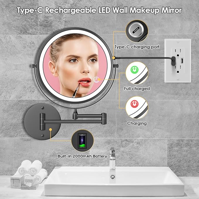 Rocollos 9" Wall Mounted Lighted Makeup Mirror, Large Double Sided 1X/10X