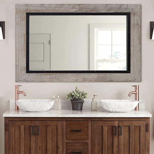 YOSHOOT Rustic Wooden Framed Wall Mirror, Natural Wood and Iron Bathroom Vanity