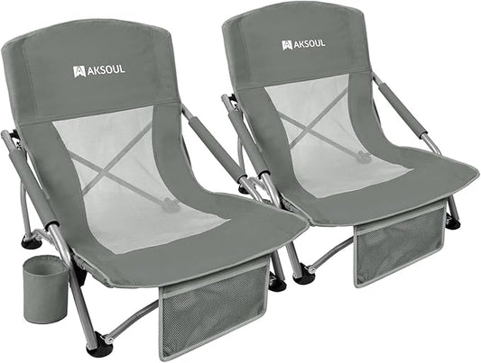 AKSOUL Folding Beach Chair for Adults: Low/High Back Chairs with Carry Bag - Extra Wide Seat Chair with Comfortable Pillow & Storage Pocket (1 Pack & 2 Pack, Blue)
