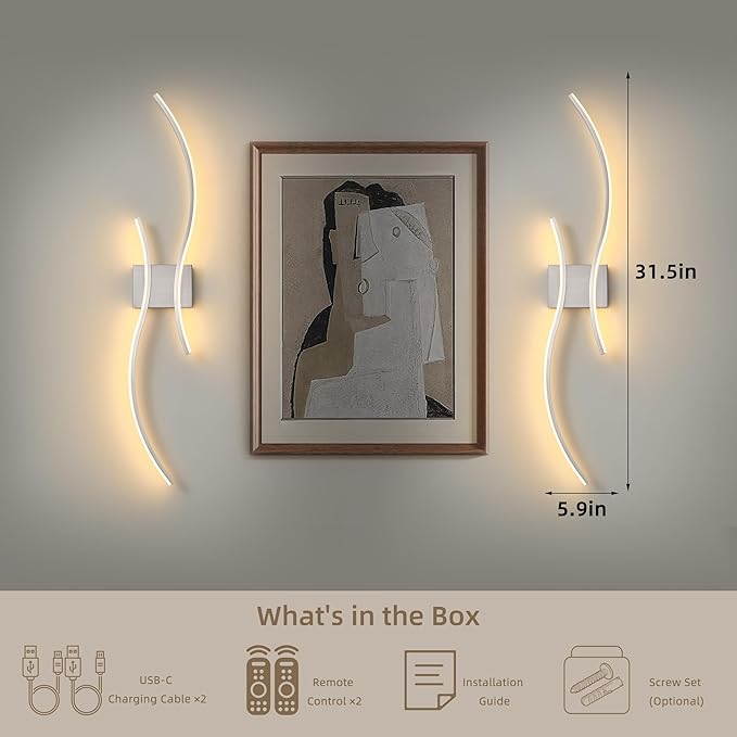 Battery Operated Wall Sconce Set of 2, Dimmable Modern LED Rechargeable Wall