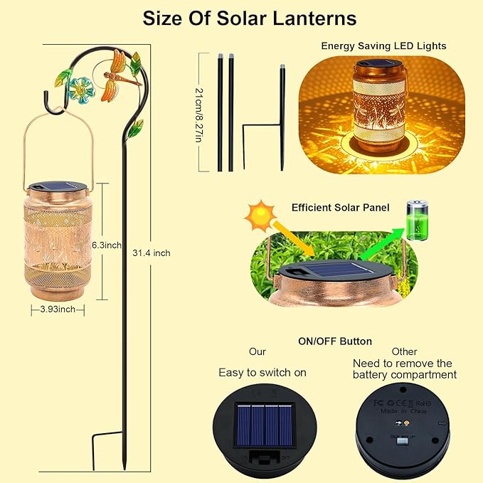Dragonfly Solar Lanterns Outdoor Waterproof with Shepherd Hook, Gifts for Mothers Day Women Mom Grandma Birthday, Metal Solar Hanging Lights Garden Decor for Outside Yard Patio Pathway Backyard Porch