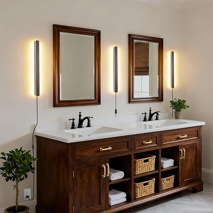 Farmhouse Plug in Wall Sconces, 23.6 inch Faux Walnut Finish LED Long Wall