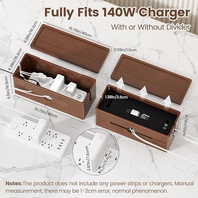Extra Large Cable Management Box – Brown Double Layer Wooden Cord Organizer with Divider for Desk, TV Stand, Kitchen, and Office （NO Power Strips or Chargers）