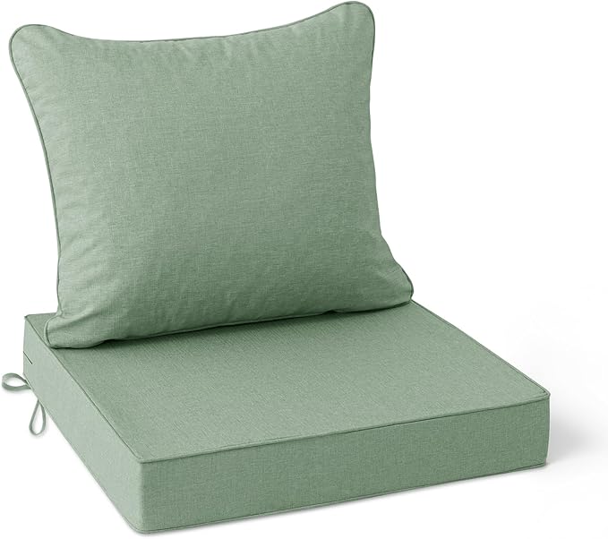 Summsun Outdoor Cushions for Patio Furniture, Faux Linen Water Resistant Backrest and Deep Seat Cushion Set with Removable Cover, Straps, Non-Slip Bottom, 24 x 24 Inch, Sage Green