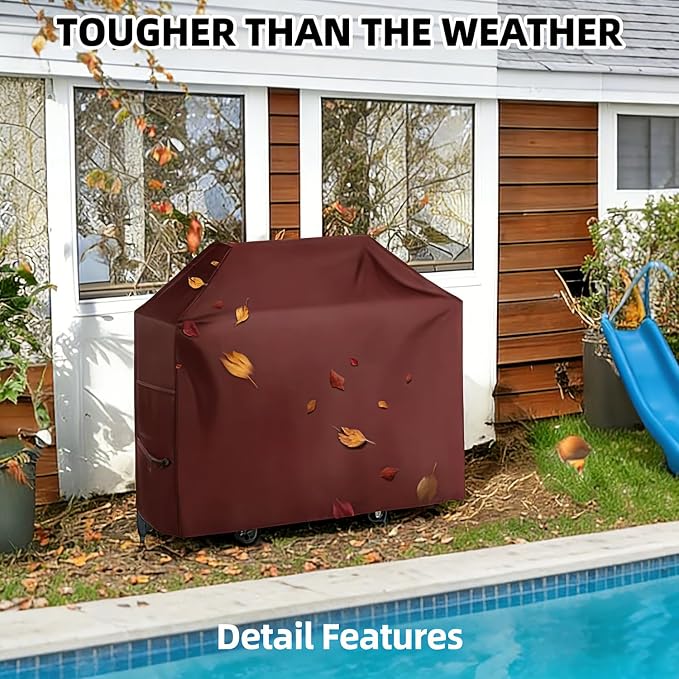 BBQ Gas Grill Cover for Outdoor, Anti-UV, Rip-Proof, 600D Oxford Fade Resistant Material, Barbecue Cover with Hook and Loop Straps & Adjustable Hem Drawstring (Reddish Brown, 55”x23”x42”)