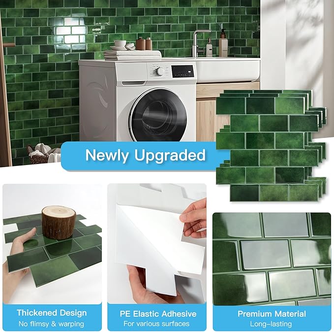 Art3d Peel and Stick Green Wall Tiles – 12"x12" Thicker Design Backsplash