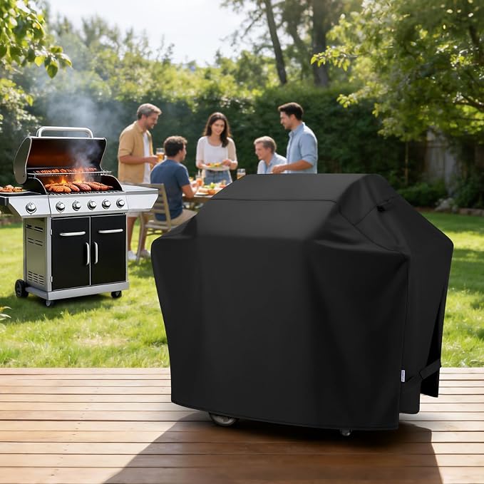 SunPatio Gas Grill Cover 60 Inch, Outdoor Heavy Duty Waterproof Barbecue Gas Cover, UV and Fade Resistant, All Weather Protection Compatible for Weber Charbroil Brinkmann Grills and More, Black