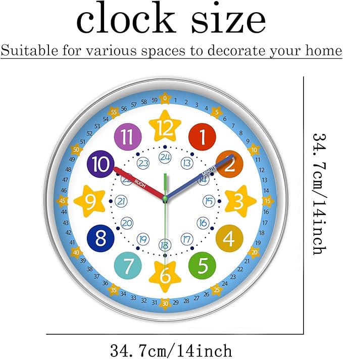 XFM Blue Kids Wall Clock 14 Inch Silent Non Ticking Quartz Battery Operated