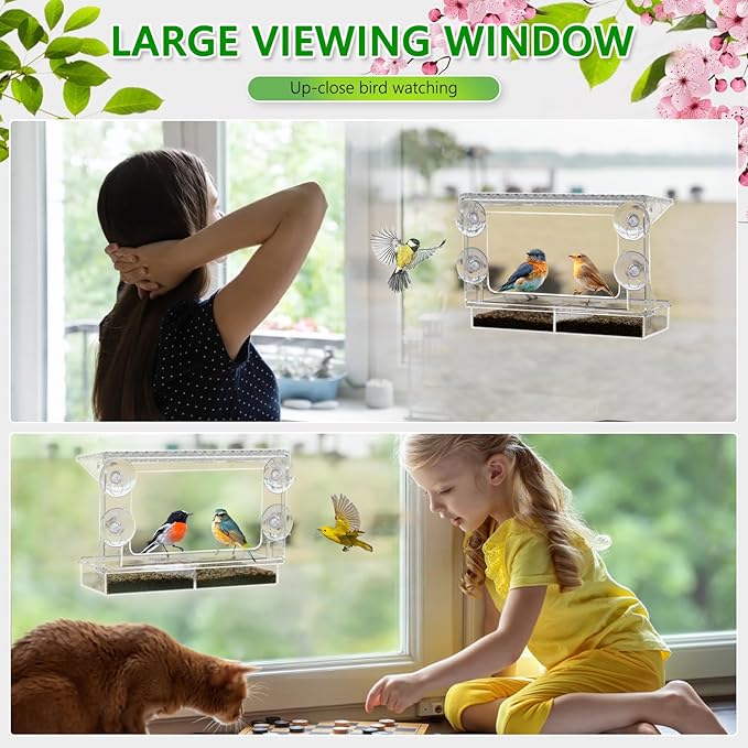 Gbekery Window Bird Feeder for Outdoors with Strong Suction Cups, Acrylic Clear Window Bird Feeders for Viewing with Large Capacity Detachable Seed & Water Tray