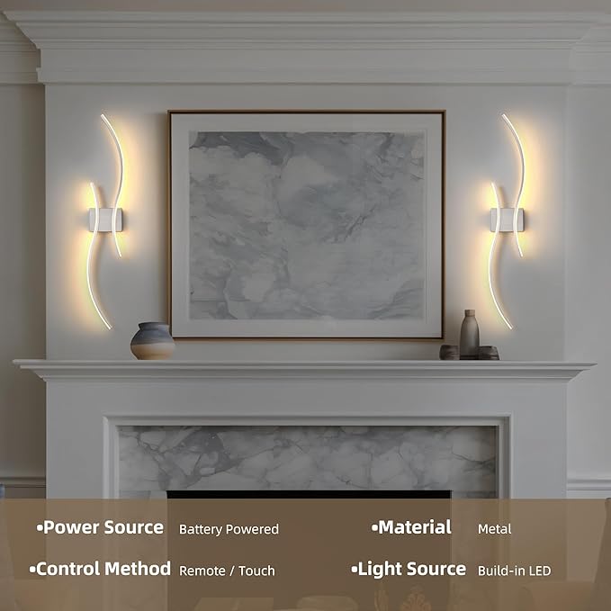 Battery Operated Wall Sconce Set of 2, Dimmable Modern LED Rechargeable Wall