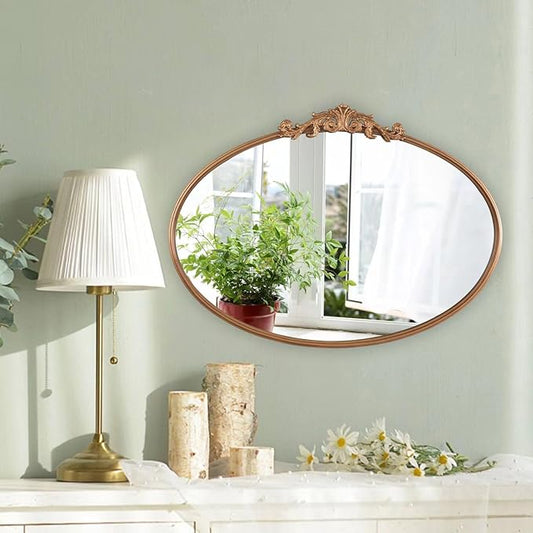 HQiJun Oval Gold Mirror for Bathroom Vanity, Baroque Ornate Vintage Wall Mirror