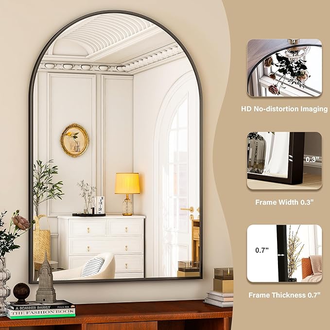 HARRITPURE Arched Wall Mirror – 30"x40" Arch Bathroom Mirror Metal Frame Vanity