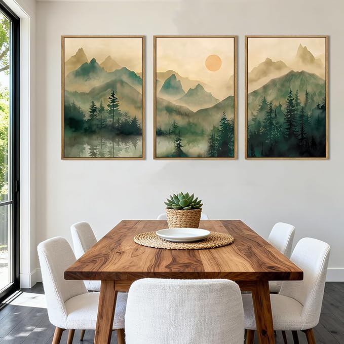 IARTTOP Large Mountain Framed Canvas Wall Art 16x24 Inch Green Foggy Forest Landscape Art Prints Set of 3 Nature woodland Landscape Wall Decor for Living Room Bedroom Office