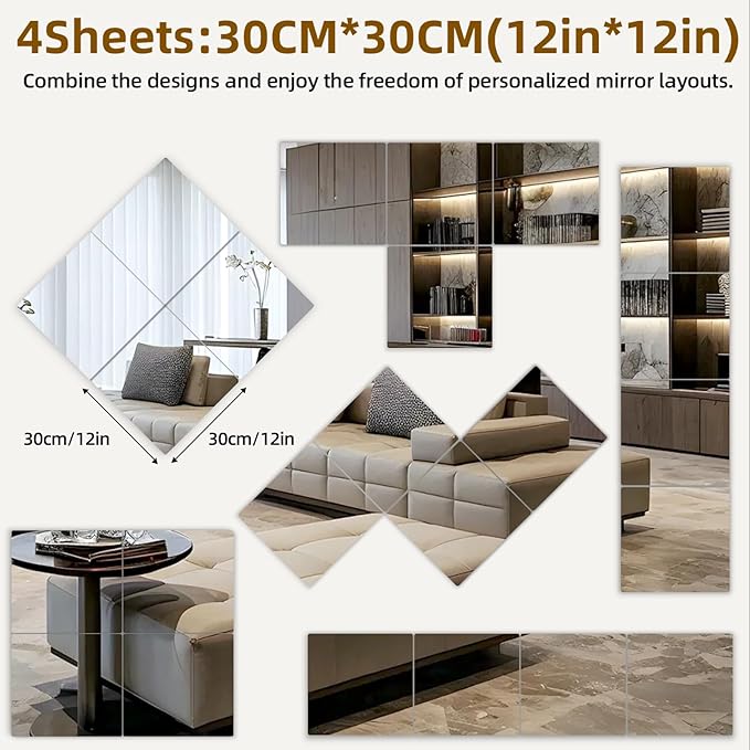 Stick on Small Mirror for Wall Decor, 4 Pack 13.8”x13.8” Acrylic Mirror Tiles