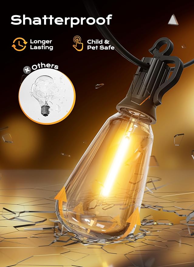 Brightown Outdoor String Lights, 50FT 18+1 LED ST38 LED Patio Lights Shatterproof, Dimmable IP65 Waterproof Connectable Hanging Outdoor Light for Backyard, Porch, Deck, Balcony