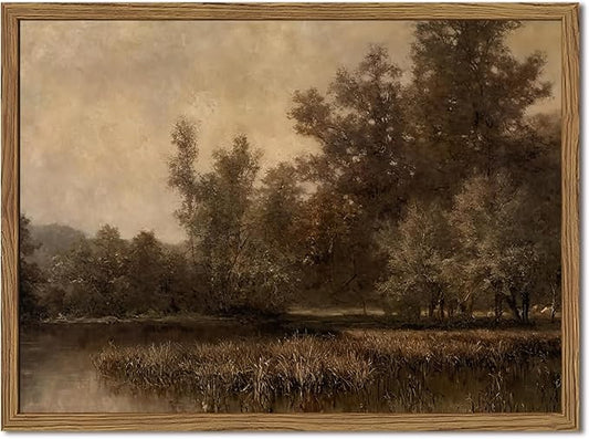 Framed Vintage Landscape Canvas Wall Art, Rustic Forest Lake Wall Decor