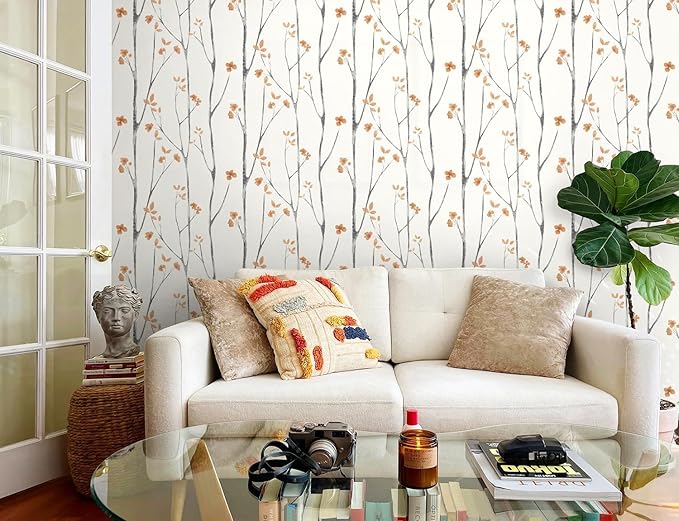Timeet Peel and Stick Wallpaper White and Orange Floral Wallpaper Boho Leaf