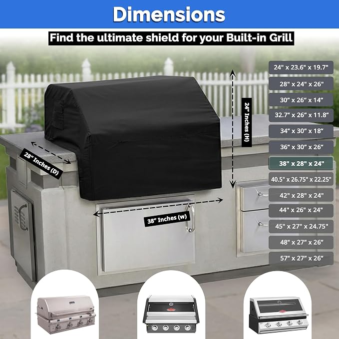 Covers & All Built-in Grill Cover for Outdoor Grill – Heavy Duty 12 oz Waterproof Built-in BBQ Grill Cover, PVC-Coated Polyester with Elastic Hem for Snug Fit (38 x 28 x 24 inches, Black)