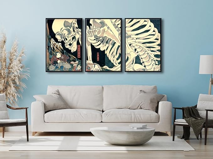 Wieco Art Black Framed 3 Piece Witch and Skeleton Ukiyo-E by Utagawa Takiyasha